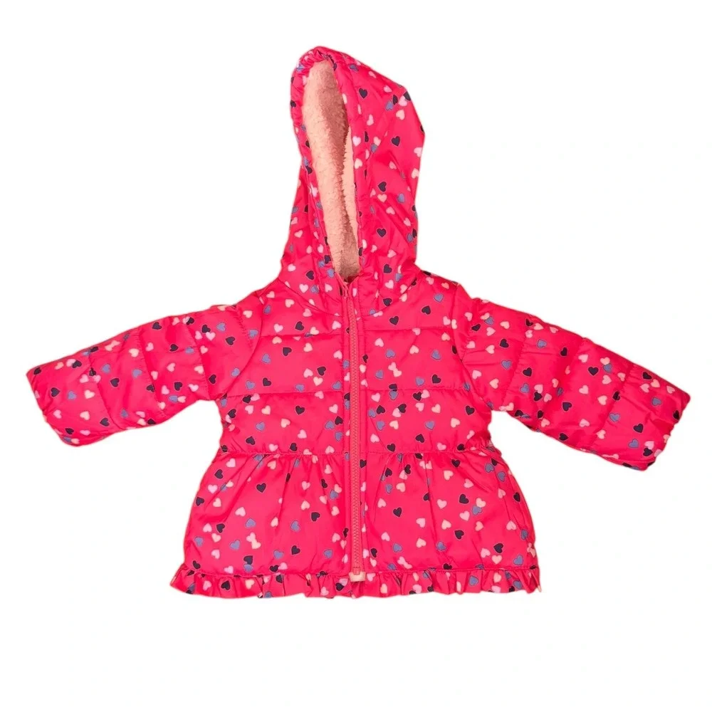 Carters Pink Heart Puffer Jacket Girls 18 Months Hooded‎ Sherpa Lined Ruffle NEW